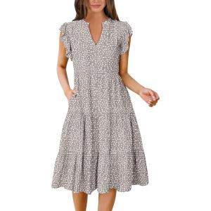 imageANRABESS Womens Summer Dress Ruffle Sleeve V Neck Midi Dresses Fashion Casual Fit Flowy Tiered Boho Beach Vacation SundressKhaki Polka Dot