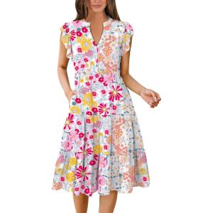 imageANRABESS Womens Summer Dress Ruffle Sleeve V Neck Midi Dresses Fashion Casual Fit Flowy Tiered Boho Beach Vacation SundressMulticolour Floral