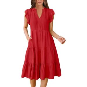 imageANRABESS Womens Summer Dress Ruffle Sleeve V Neck Midi Dresses Fashion Casual Fit Flowy Tiered Boho Beach Vacation SundressRed