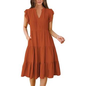 imageANRABESS Womens Summer Dress Ruffle Sleeve V Neck Midi Dresses Fashion Casual Fit Flowy Tiered Boho Beach Vacation SundressRust