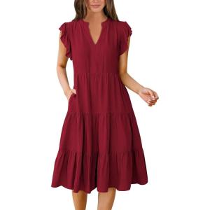 imageANRABESS Womens Summer Dress Ruffle Sleeve V Neck Midi Dresses Fashion Casual Fit Flowy Tiered Boho Beach Vacation SundressWine Red