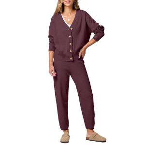 imageANRABESS Women 2 Piece Lounge Sets 2025 Fall Outfits Casual Waffle Knit Cardigan Sweater Pant Set Travel Airport ClothesMaroon