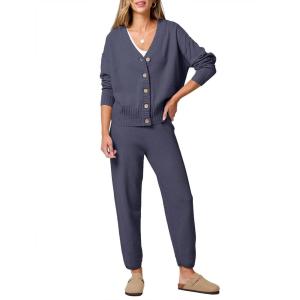 imageANRABESS Women 2 Piece Lounge Sets 2025 Fall Outfits Casual Waffle Knit Cardigan Sweater Pant Set Travel Airport ClothesNavy Blue