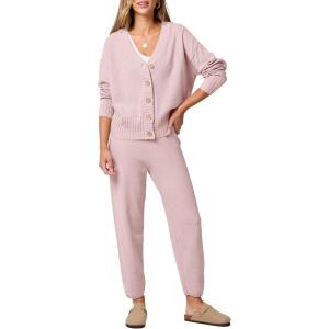imageANRABESS Women 2 Piece Lounge Sets 2025 Fall Outfits Casual Waffle Knit Cardigan Sweater Pant Set Travel Airport ClothesPink