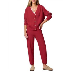 imageANRABESS Women 2 Piece Lounge Sets 2025 Fall Outfits Casual Waffle Knit Cardigan Sweater Pant Set Travel Airport ClothesRed