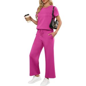 imageANRABESS Women 2 Piece Lounge Sets Summer Travel Sweat Outfits Short Sleeve Wide Leg Casual Matching Tracksuits ClothesRose Red