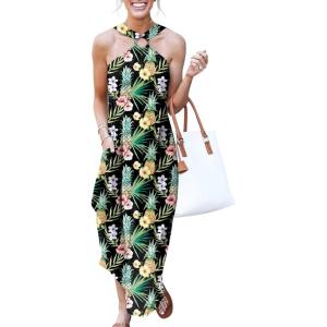 imageANRABESS Women Summer Halter Neck Sundress Sleeveless Split Side Casual Beach Travel Vacation Maxi Long Dress with PocketsPineapple