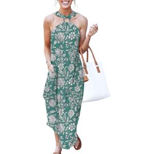imageANRABESS Women Summer Halter Neck Sundress Sleeveless Split Side Casual Beach Travel Vacation Maxi Long Dress with PocketsPrint Green