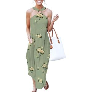 imageANRABESS Women Summer Halter Neck Sundress Sleeveless Split Side Casual Beach Travel Vacation Maxi Long Dress with PocketsPrint Olive