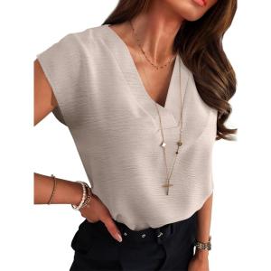 imageANRABESS Women Tops Cap Sleeve Textured Dressy Casual V Neck Shirts 2025 Summer Business Work Blouses OutfitsApricot