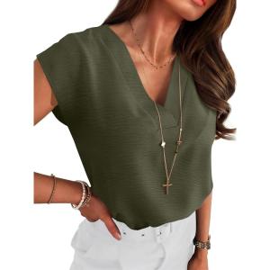 imageANRABESS Women Tops Cap Sleeve Textured Dressy Casual V Neck Shirts 2025 Summer Business Work Blouses OutfitsArmy Green