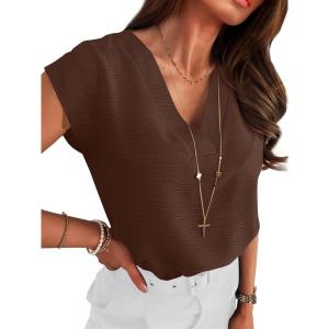 imageANRABESS Women Tops Cap Sleeve Textured Dressy Casual V Neck Shirts 2025 Summer Business Work Blouses OutfitsBrown