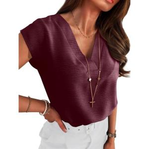 imageANRABESS Women Tops Cap Sleeve Textured Dressy Casual V Neck Shirts 2025 Summer Business Work Blouses OutfitsBurgundy