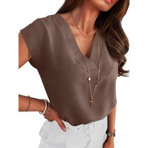 imageANRABESS Women Tops Cap Sleeve Textured Dressy Casual V Neck Shirts 2025 Summer Business Work Blouses OutfitsCoffee