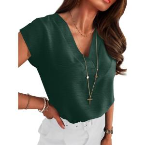 imageANRABESS Women Tops Cap Sleeve Textured Dressy Casual V Neck Shirts 2025 Summer Business Work Blouses OutfitsDark Green