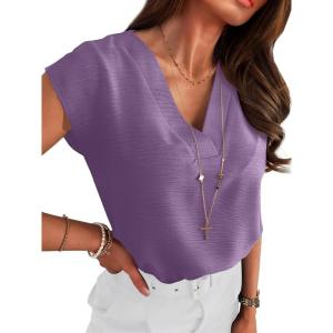imageANRABESS Women Tops Cap Sleeve Textured Dressy Casual V Neck Shirts 2025 Summer Business Work Blouses OutfitsDark Purple