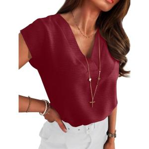 imageANRABESS Women Tops Cap Sleeve Textured Dressy Casual V Neck Shirts 2025 Summer Business Work Blouses OutfitsDark Red