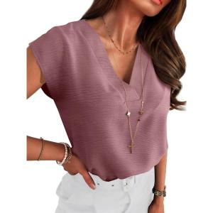 imageANRABESS Women Tops Cap Sleeve Textured Dressy Casual V Neck Shirts 2025 Summer Business Work Blouses OutfitsDusty Rose