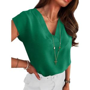 imageANRABESS Women Tops Cap Sleeve Textured Dressy Casual V Neck Shirts 2025 Summer Business Work Blouses OutfitsGreen