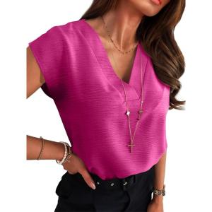imageANRABESS Women Tops Cap Sleeve Textured Dressy Casual V Neck Shirts 2025 Summer Business Work Blouses OutfitsHot Pink