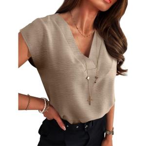 imageANRABESS Women Tops Cap Sleeve Textured Dressy Casual V Neck Shirts 2025 Summer Business Work Blouses OutfitsKhaki