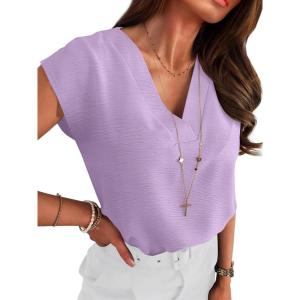 imageANRABESS Women Tops Cap Sleeve Textured Dressy Casual V Neck Shirts 2025 Summer Business Work Blouses OutfitsLight Purple