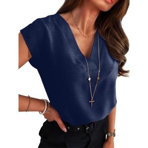 imageANRABESS Women Tops Cap Sleeve Textured Dressy Casual V Neck Shirts 2025 Summer Business Work Blouses OutfitsNavy Blue