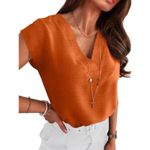 imageANRABESS Women Tops Cap Sleeve Textured Dressy Casual V Neck Shirts 2025 Summer Business Work Blouses OutfitsOrange