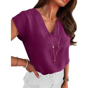 imageANRABESS Women Tops Cap Sleeve Textured Dressy Casual V Neck Shirts 2025 Summer Business Work Blouses OutfitsPurple