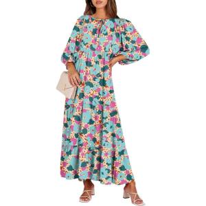 imageANRABESS Womens Boho Maxi Dresses 2025 Summer V Neck Puff Sleeve Floral Flowy Swing Casual Long DressBeige Teal Floral