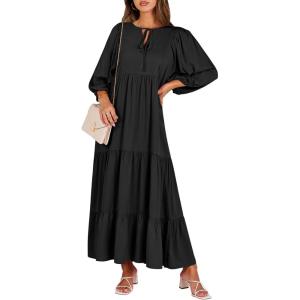imageANRABESS Womens Boho Maxi Dresses 2025 Summer V Neck Puff Sleeve Floral Flowy Swing Casual Long DressBlack