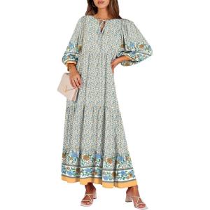 imageANRABESS Womens Boho Maxi Dresses 2025 Summer V Neck Puff Sleeve Floral Flowy Swing Casual Long DressBlue Floral