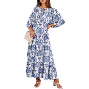 imageANRABESS Womens Boho Maxi Dresses 2025 Summer V Neck Puff Sleeve Floral Flowy Swing Casual Long DressBlue Khaki