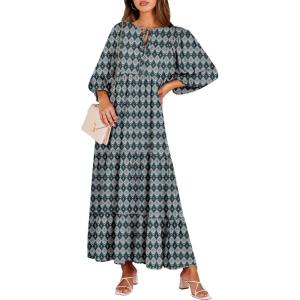 imageANRABESS Womens Boho Maxi Dresses 2025 Summer V Neck Puff Sleeve Floral Flowy Swing Casual Long DressDark Green