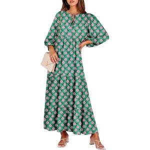 imageANRABESS Womens Boho Maxi Dresses 2025 Summer V Neck Puff Sleeve Floral Flowy Swing Casual Long DressGreen