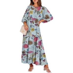 imageANRABESS Womens Boho Maxi Dresses 2025 Summer V Neck Puff Sleeve Floral Flowy Swing Casual Long DressGreen Floral