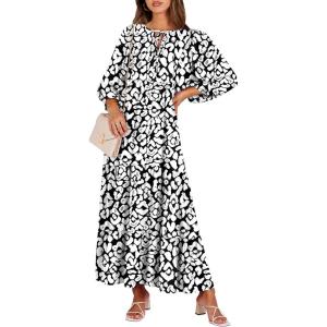 imageANRABESS Womens Boho Maxi Dresses 2025 Summer V Neck Puff Sleeve Floral Flowy Swing Casual Long DressLeopard Print