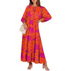 imageANRABESS Womens Boho Maxi Dresses 2025 Summer V Neck Puff Sleeve Floral Flowy Swing Casual Long DressOrange Rose Floral