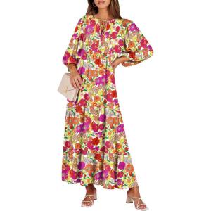imageANRABESS Womens Boho Maxi Dresses 2025 Summer V Neck Puff Sleeve Floral Flowy Swing Casual Long DressPurple Orange Floral