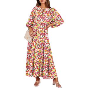 imageANRABESS Womens Boho Maxi Dresses 2025 Summer V Neck Puff Sleeve Floral Flowy Swing Casual Long DressRed Floral Yellow