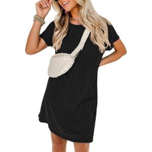 imageANRABESS Womens Casual Summer Ribbed Knit Tunic Tshirt Mini Dresses 2025 Trendy Crewneck Short Sleeve Beach Loose Shift DressBlack