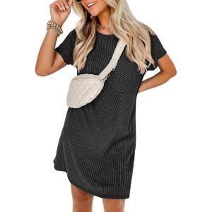 imageANRABESS Womens Casual Summer Ribbed Knit Tunic Tshirt Mini Dresses 2025 Trendy Crewneck Short Sleeve Beach Loose Shift DressDark Gray