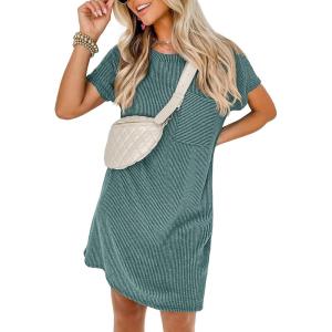 imageANRABESS Womens Casual Summer Ribbed Knit Tunic Tshirt Mini Dresses 2025 Trendy Crewneck Short Sleeve Beach Loose Shift DressLight Green