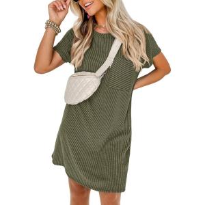 imageANRABESS Womens Casual Summer Ribbed Knit Tunic Tshirt Mini Dresses 2025 Trendy Crewneck Short Sleeve Beach Loose Shift DressOlive