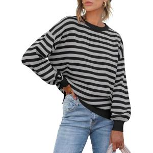 imageANRABESS Womens Oversized Striped Sweaters Long Sleeve Crewneck Casual Side Slit Pullover Shirts 2025 Fall Trendy TopsBlack Grey