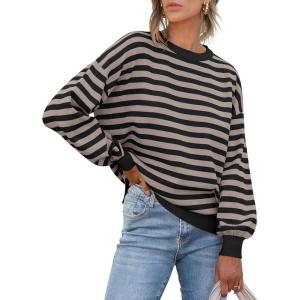 imageANRABESS Womens Oversized Striped Sweaters Long Sleeve Crewneck Casual Side Slit Pullover Shirts 2025 Fall Trendy TopsBlack Khaki