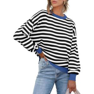 imageANRABESS Womens Oversized Striped Sweaters Long Sleeve Crewneck Casual Side Slit Pullover Shirts 2025 Fall Trendy TopsBlack White