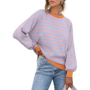 imageANRABESS Womens Oversized Striped Sweaters Long Sleeve Crewneck Casual Side Slit Pullover Shirts 2025 Fall Trendy TopsBlue Orange