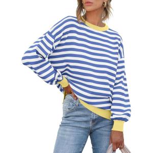 imageANRABESS Womens Oversized Striped Sweaters Long Sleeve Crewneck Casual Side Slit Pullover Shirts 2025 Fall Trendy TopsBlue White