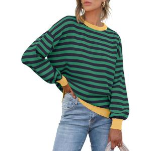 imageANRABESS Womens Oversized Striped Sweaters Long Sleeve Crewneck Casual Side Slit Pullover Shirts 2025 Fall Trendy TopsDark Blue Green